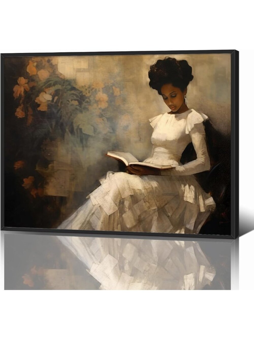 Vintage Framed Female Portrait Reading, Antique Black Girl Wall Art Decor